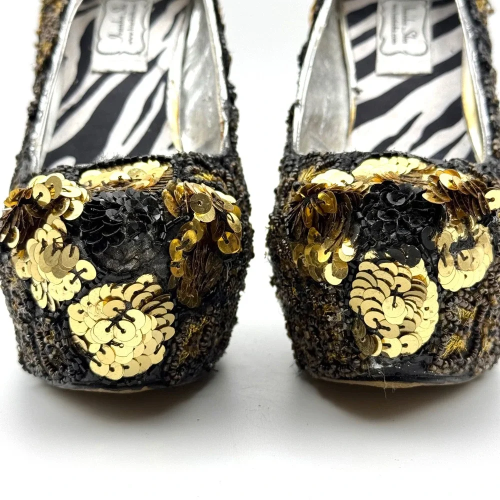 Ivanka Ska Sequin Beaded Platform Pumps Gold Black Zebra Print Heel 5.5 In 8/8.5